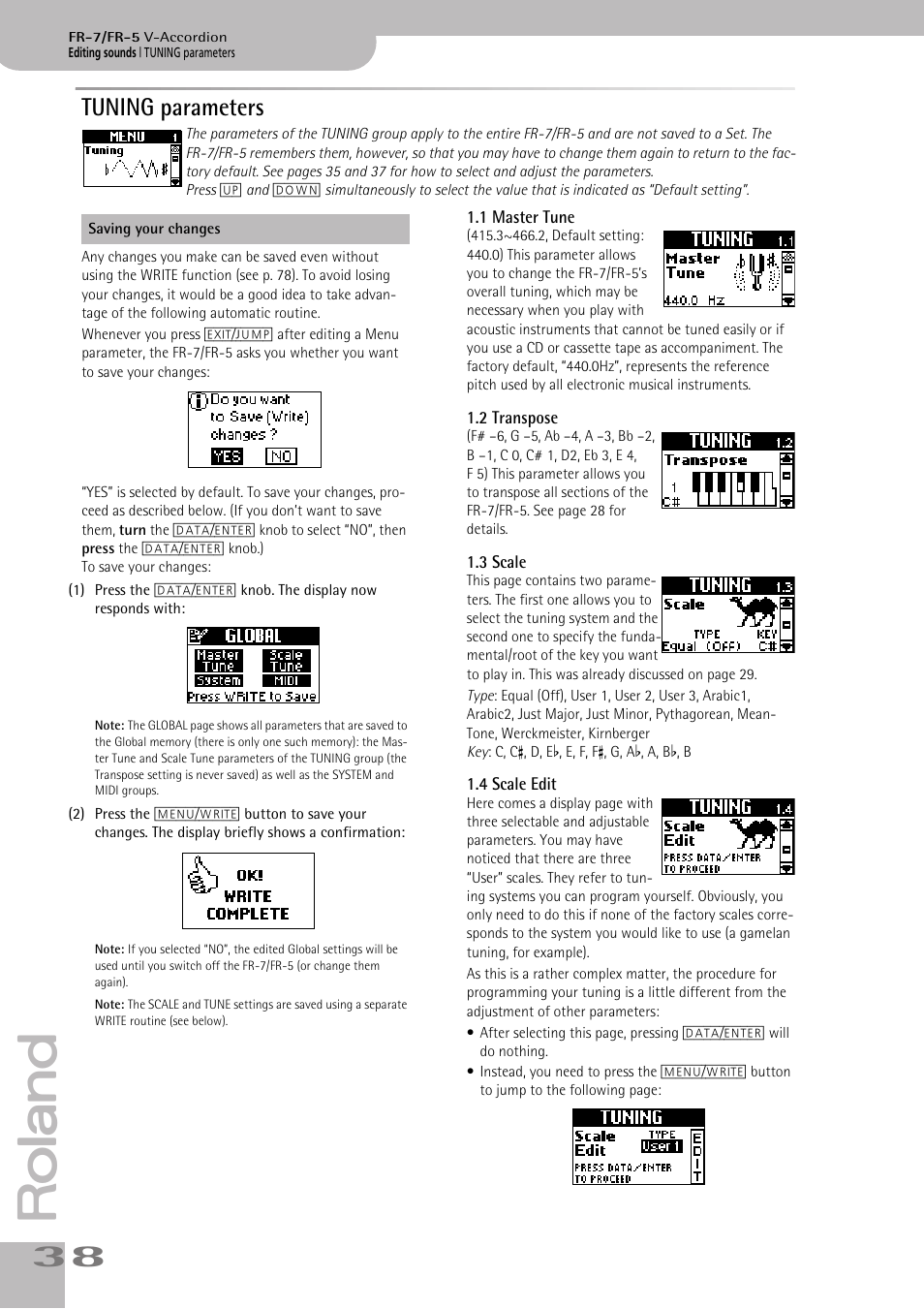 Tuning parameters, 1 master tune, 2 transpose | 3 scale, 4 scale edit, P. 38 | Roland FR-7/FR-5 User Manual | Page 38 / 94