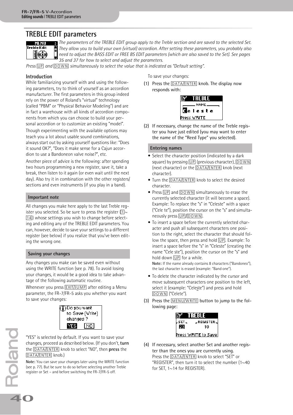Treble edit parameters, Introduction | Roland FR-7/FR-5 User Manual | Page 40 / 94
