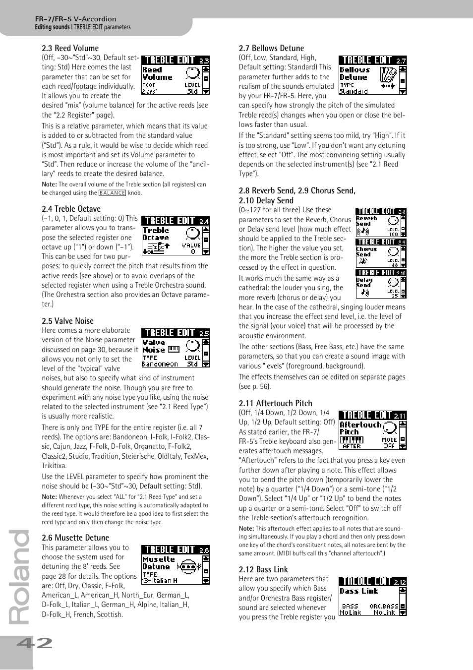 3 reed volume, 4 treble octave, 5 valve noise | 6 musette detune, 7 bellows detune, 8 reverb send, 2.9 chorussend, 2.10delaysend, 11 aftertouch pitch, 12 bass link, P. 42 | Roland FR-7/FR-5 User Manual | Page 42 / 94