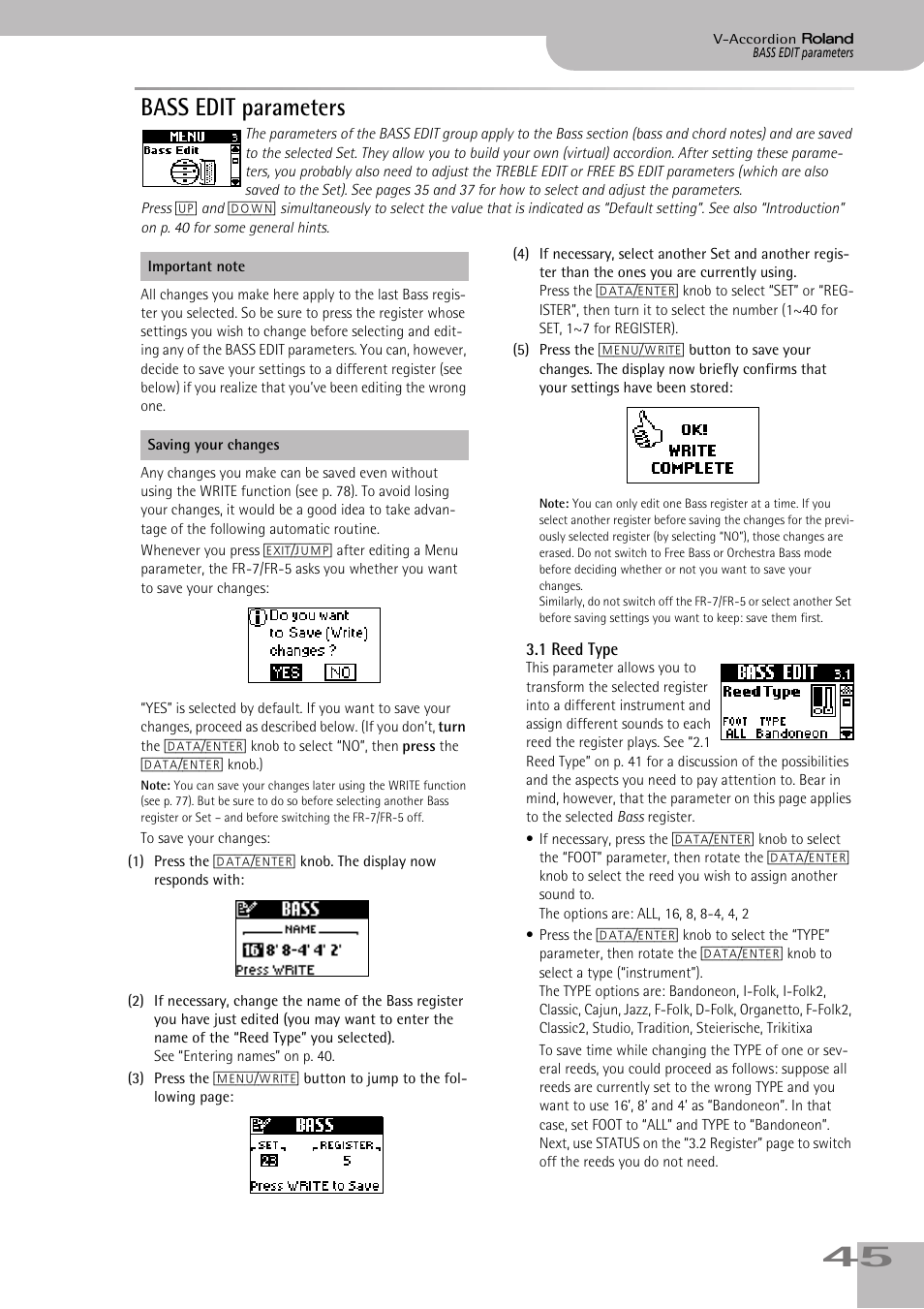 Bass edit parameters, 1reed type, P. 45 | Roland FR-7/FR-5 User Manual | Page 45 / 94