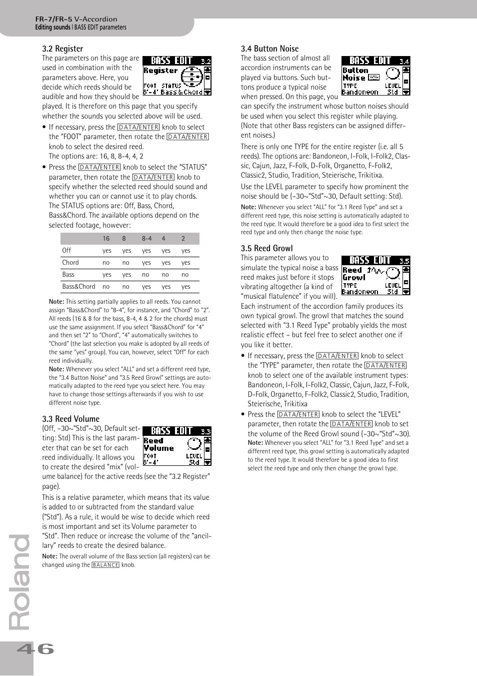 2 register, 3 reed volume, 4 button noise | 5 reed growl, P. 46 | Roland FR-7/FR-5 User Manual | Page 46 / 94