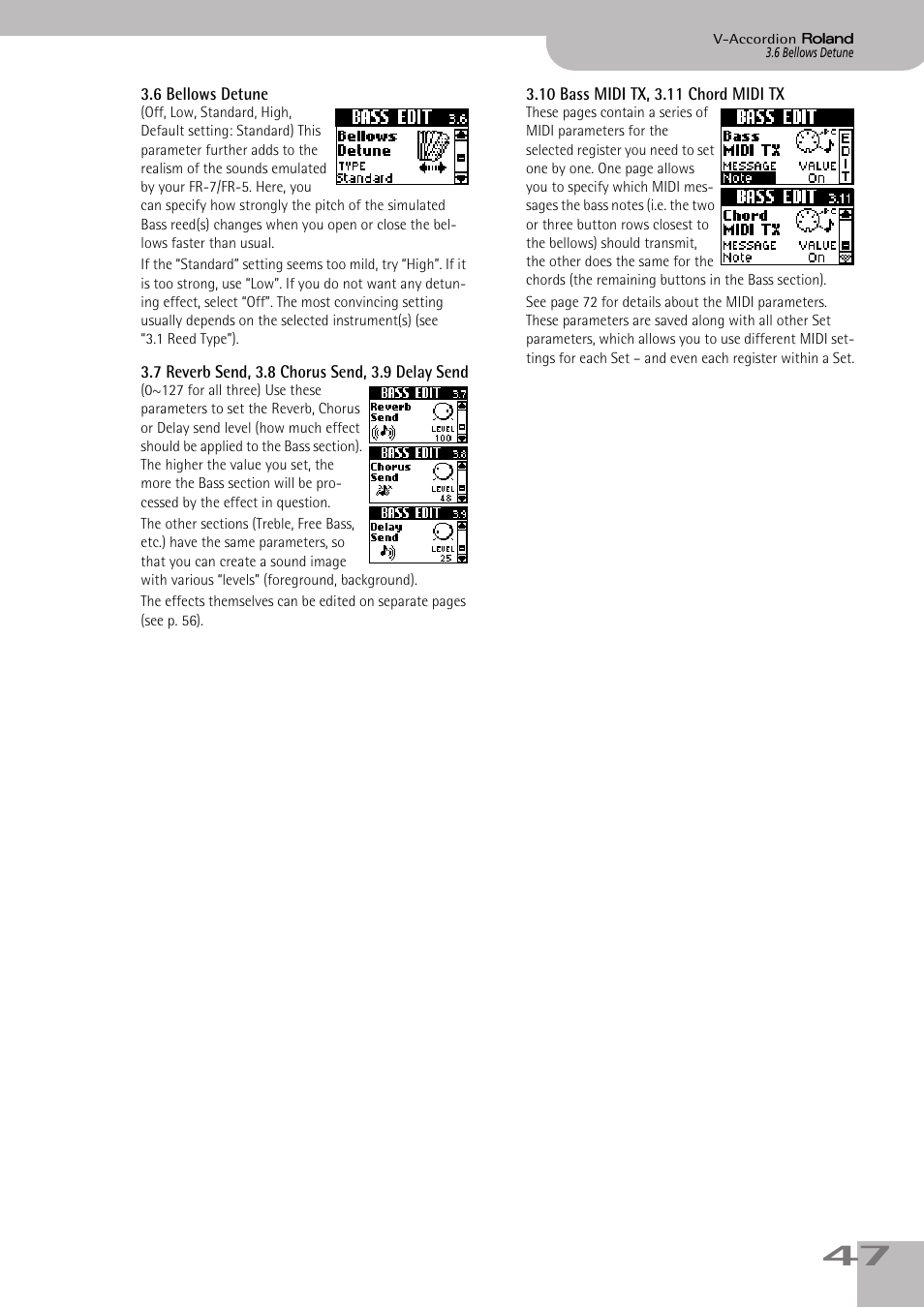 6 bellows detune, 7 reverb send, 3.8 chorus send, 3.9 delay send, 10 bass midi tx, 3.11 chord midi tx | P. 47 | Roland FR-7/FR-5 User Manual | Page 47 / 94