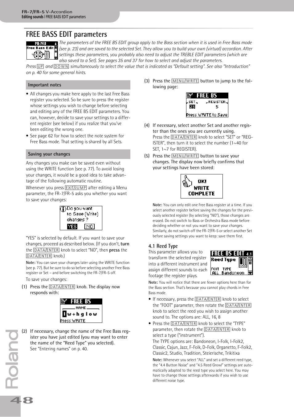 Free bass edit parameters, 1 reed type, P. 48 | Roland FR-7/FR-5 User Manual | Page 48 / 94