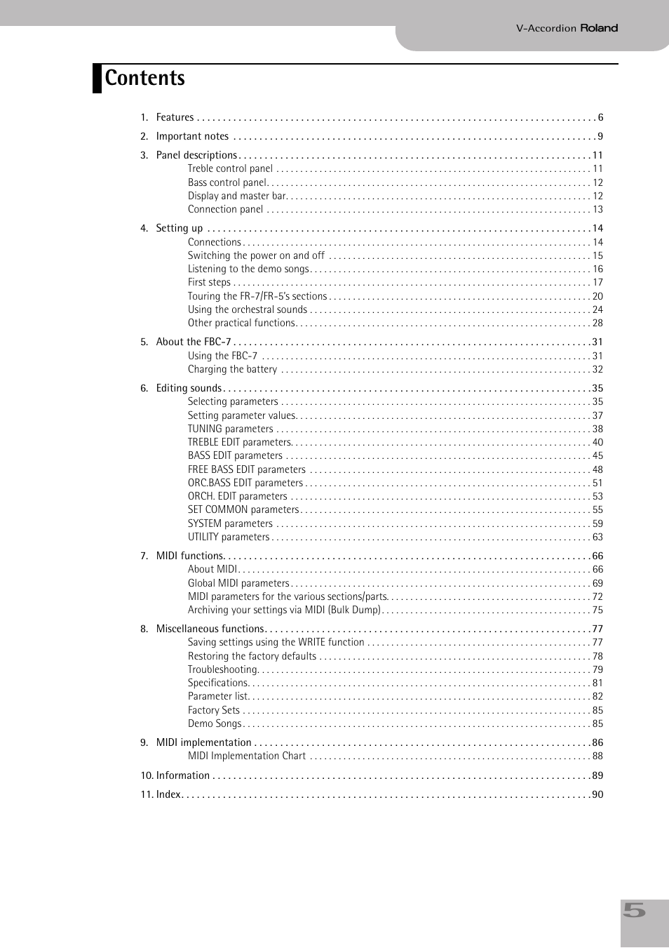 Roland FR-7/FR-5 User Manual | Page 5 / 94