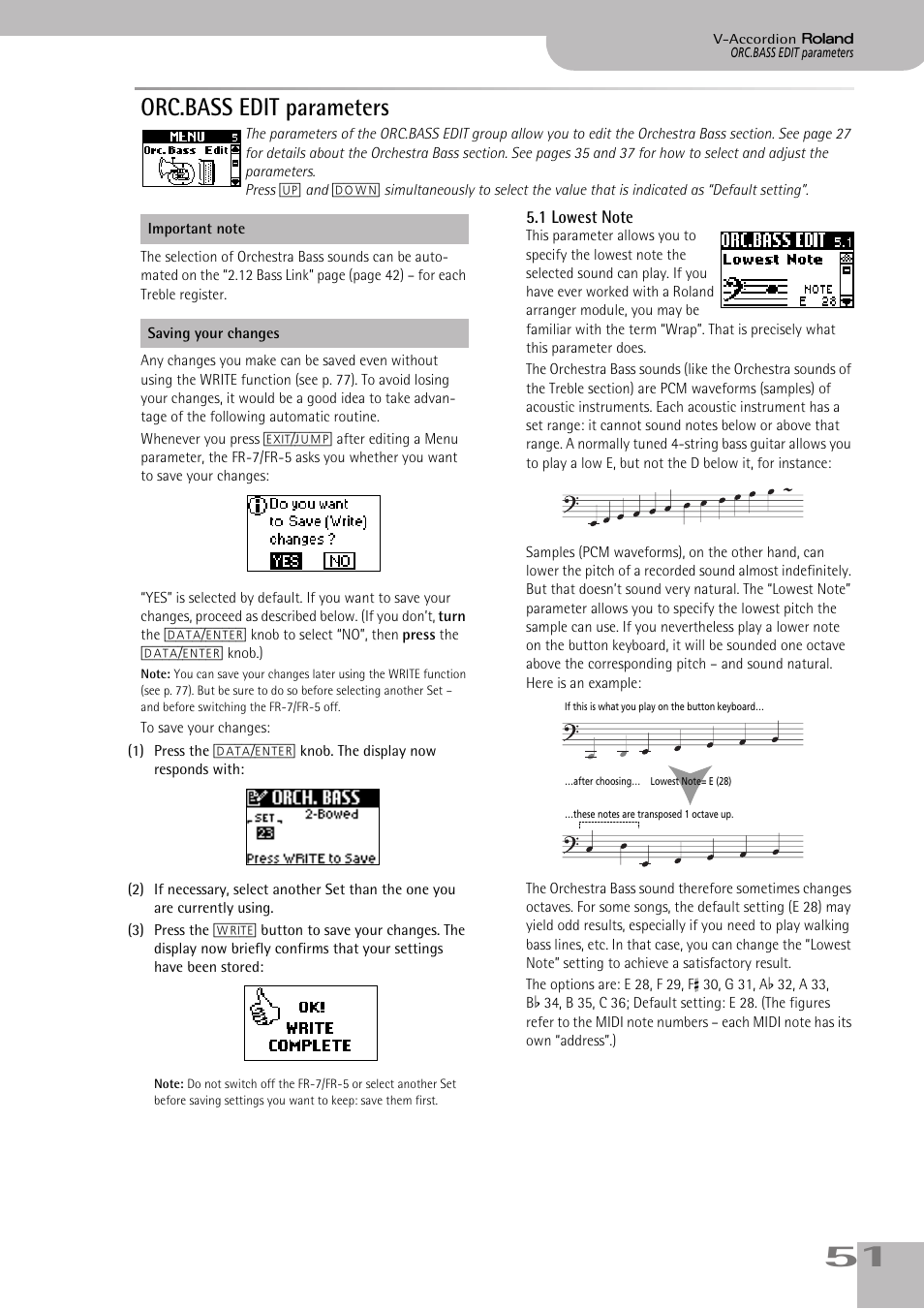 Orc.bass edit parameters, 1 lowest note, P. 51 | Roland FR-7/FR-5 User Manual | Page 51 / 94