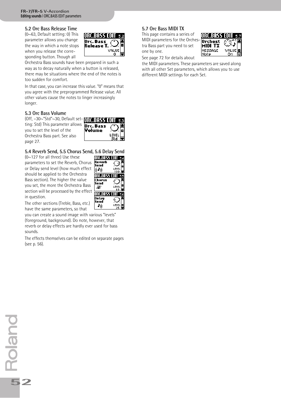 2 orc bass release time, 3 orc bass volume, 4 reverb send, 5.5 chorus send, 5.6 delay send | 7 orc bass midi tx, P. 51, P. 52 | Roland FR-7/FR-5 User Manual | Page 52 / 94