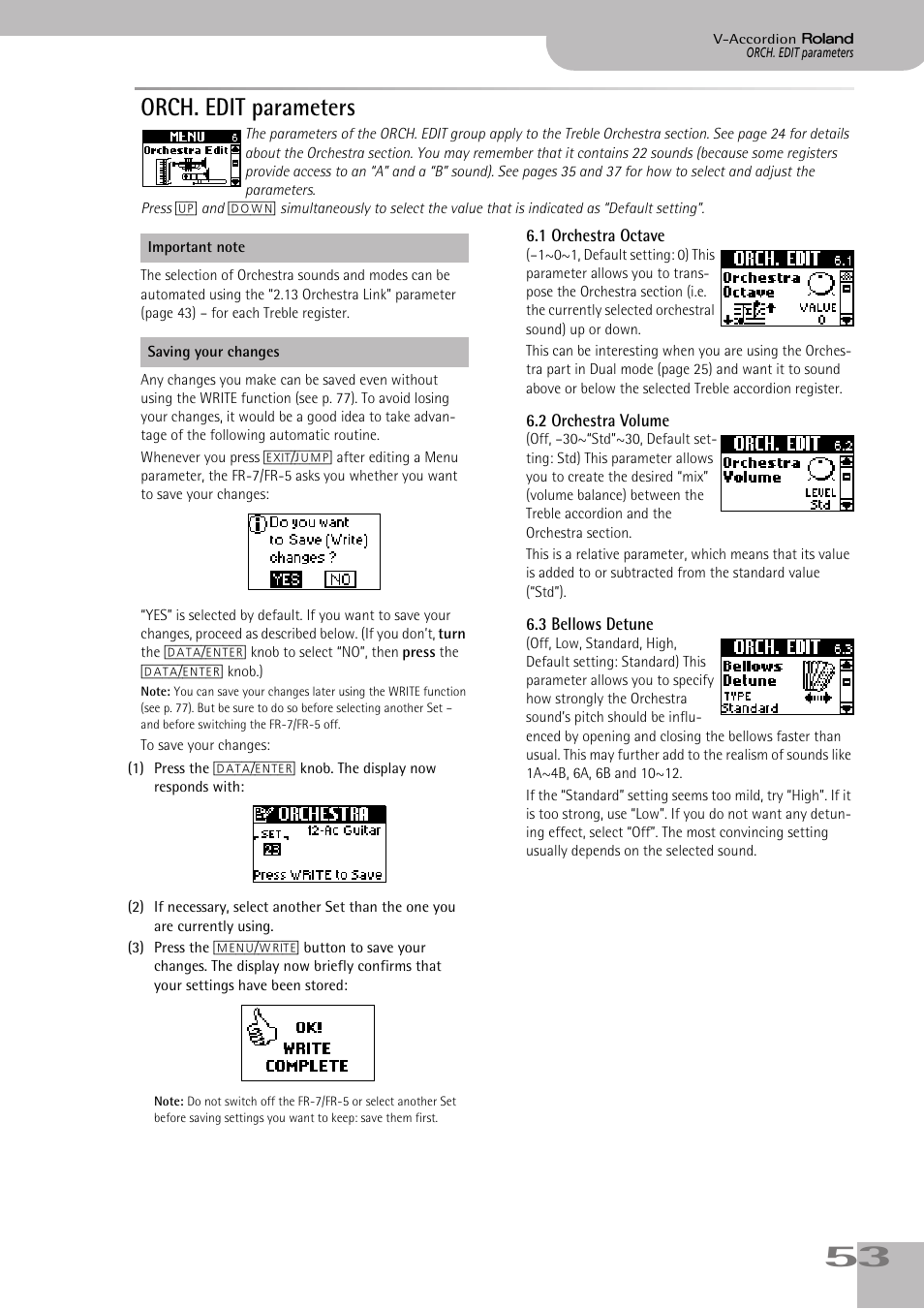 Orch. edit parameters, 1 orchestra octave, 2 orchestra volume | 3 bellows detune, P. 53 | Roland FR-7/FR-5 User Manual | Page 53 / 94