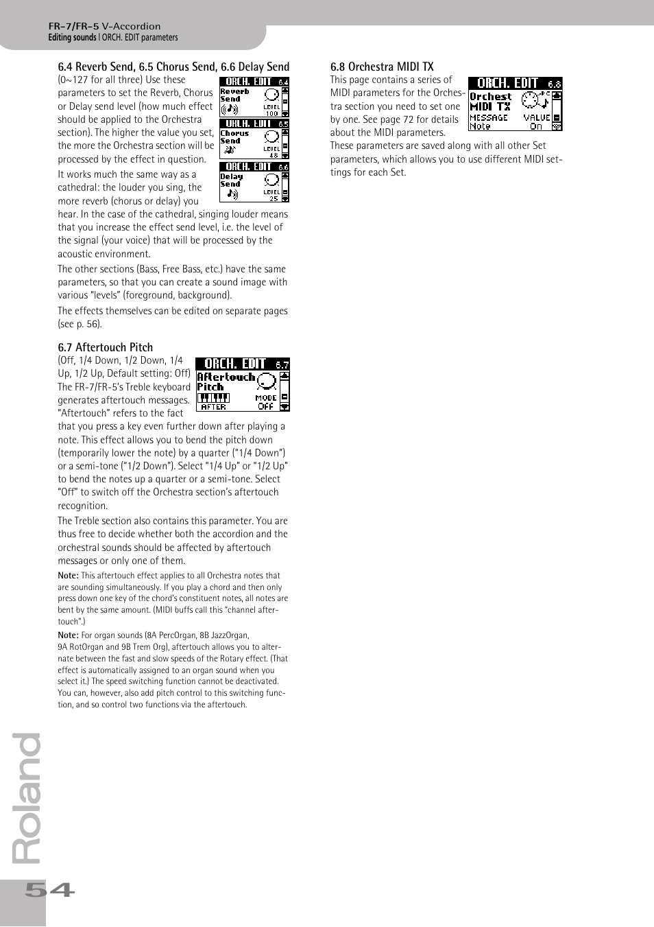 4 reverb send, 6.5 chorus send, 6.6 delay send, 7 aftertouch pitch, 8 orchestra midi tx | P. 54 | Roland FR-7/FR-5 User Manual | Page 54 / 94