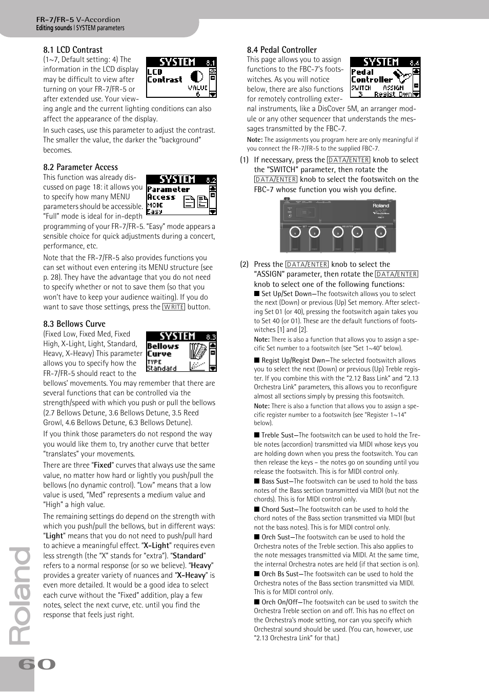 1 lcd contrast, 2 parameter access, 3 bellows curve | 4 pedal controller, P. 60 | Roland FR-7/FR-5 User Manual | Page 60 / 94