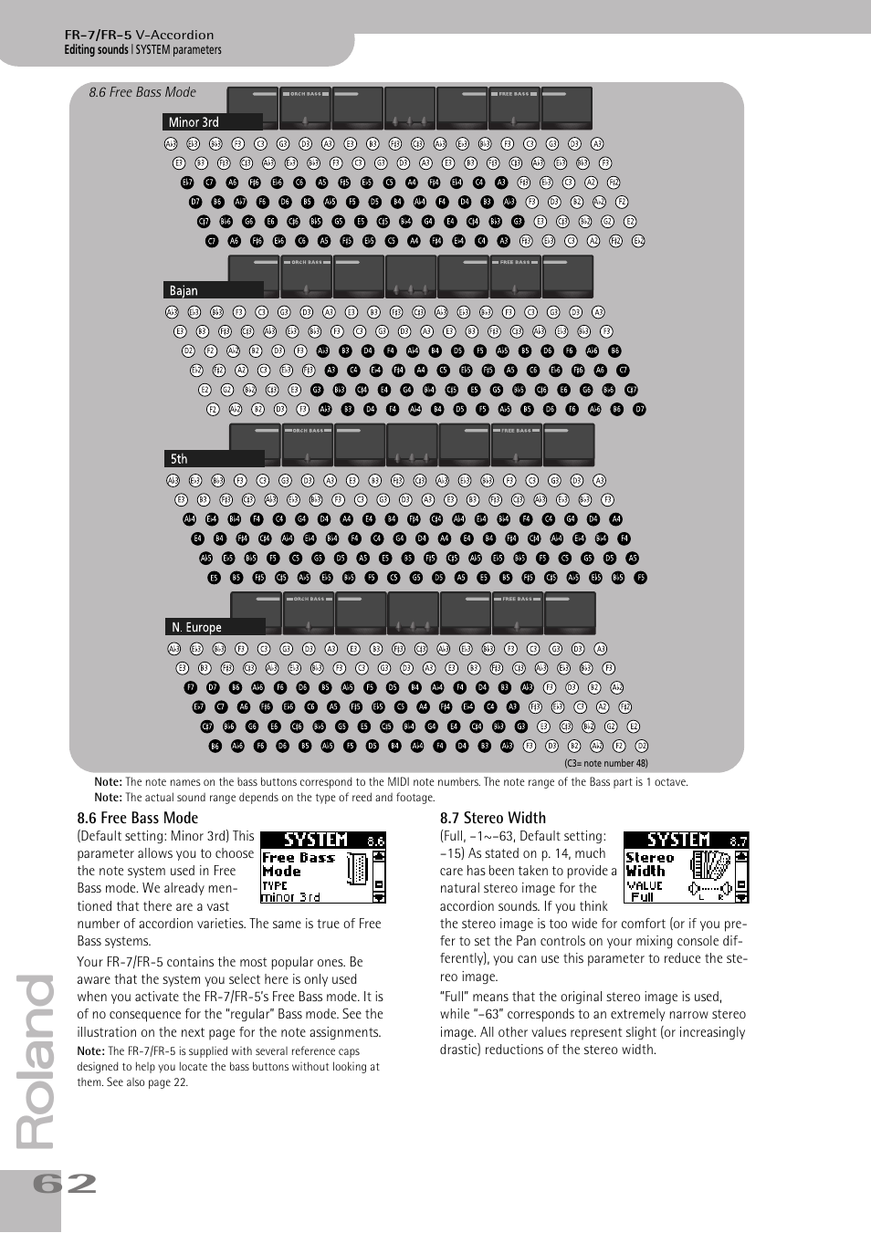 6 free bass mode, 7 stereo width, P. 62 | Roland FR-7/FR-5 User Manual | Page 62 / 94