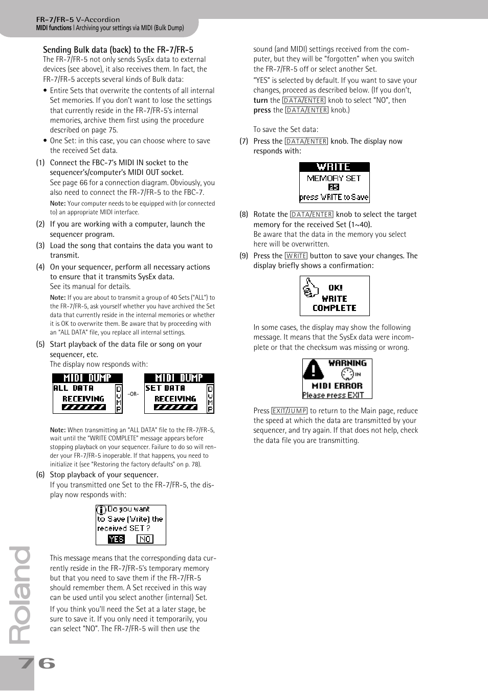 Sending bulk data (back) to the fr7/fr5 | Roland FR-7/FR-5 User Manual | Page 76 / 94