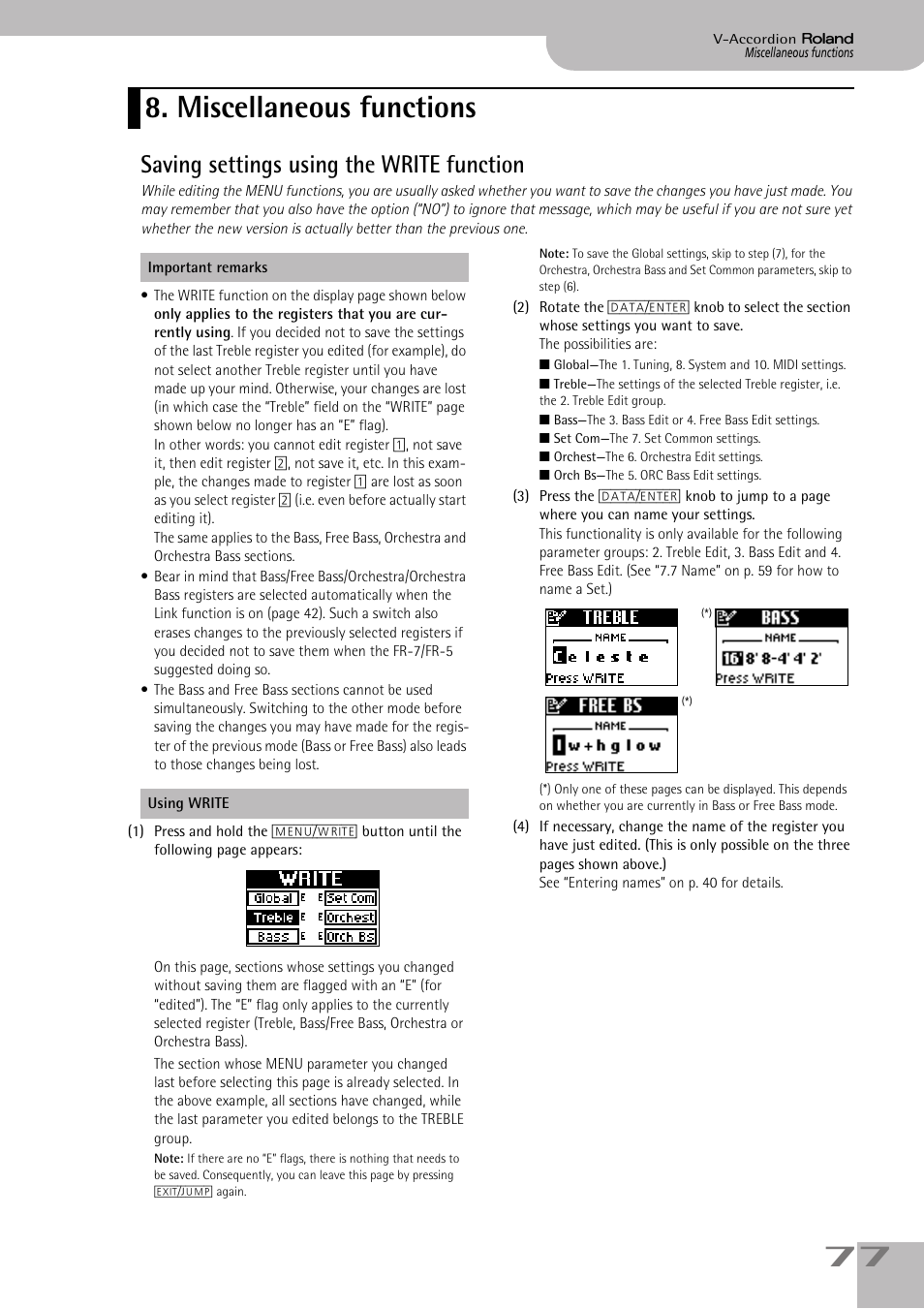 Miscellaneous functions, Saving settings using the write function, See p. 77) | Roland FR-7/FR-5 User Manual | Page 77 / 94