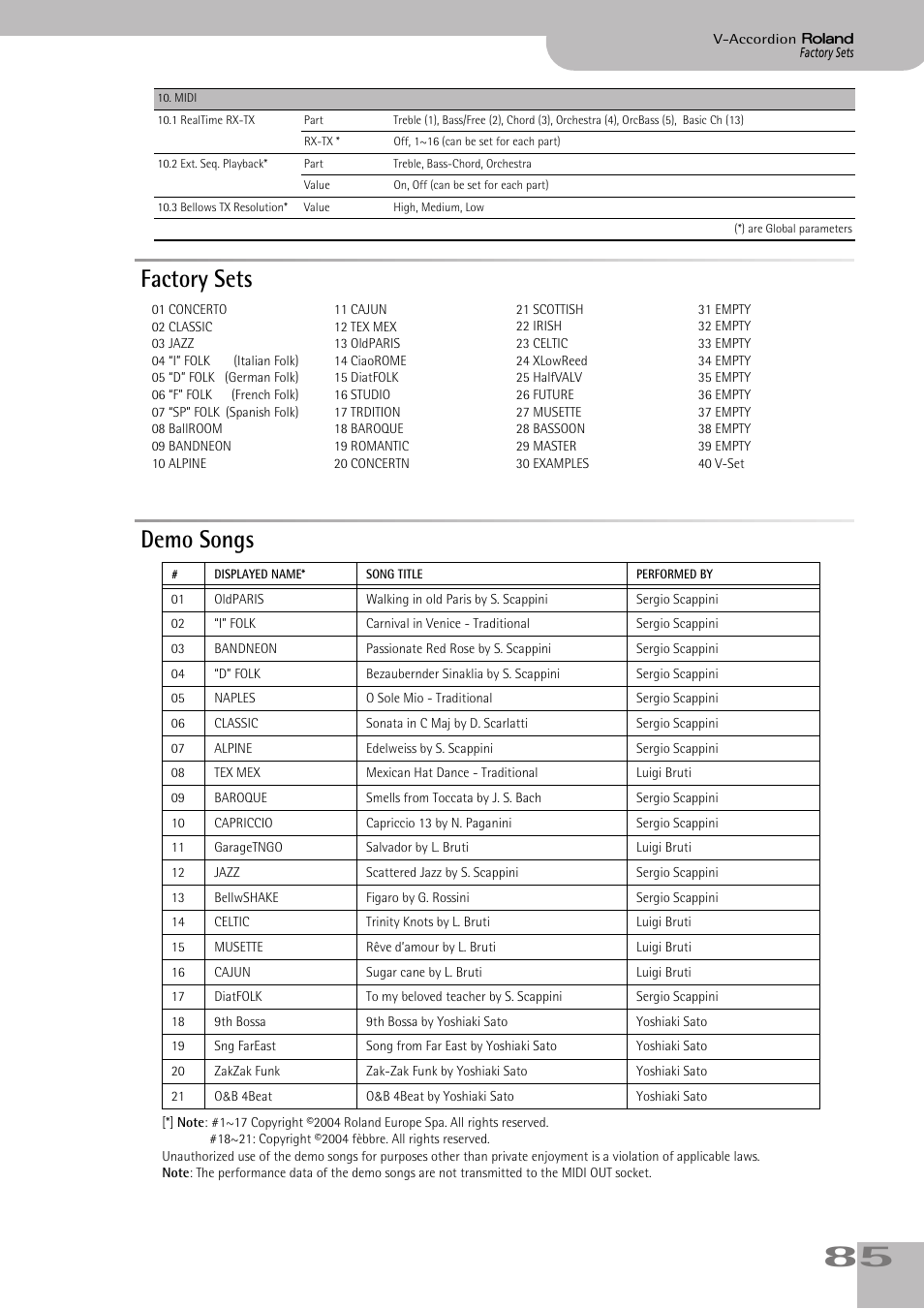 Factory sets, Demo songs, Factory sets demo songs | Roland FR-7/FR-5 User Manual | Page 85 / 94