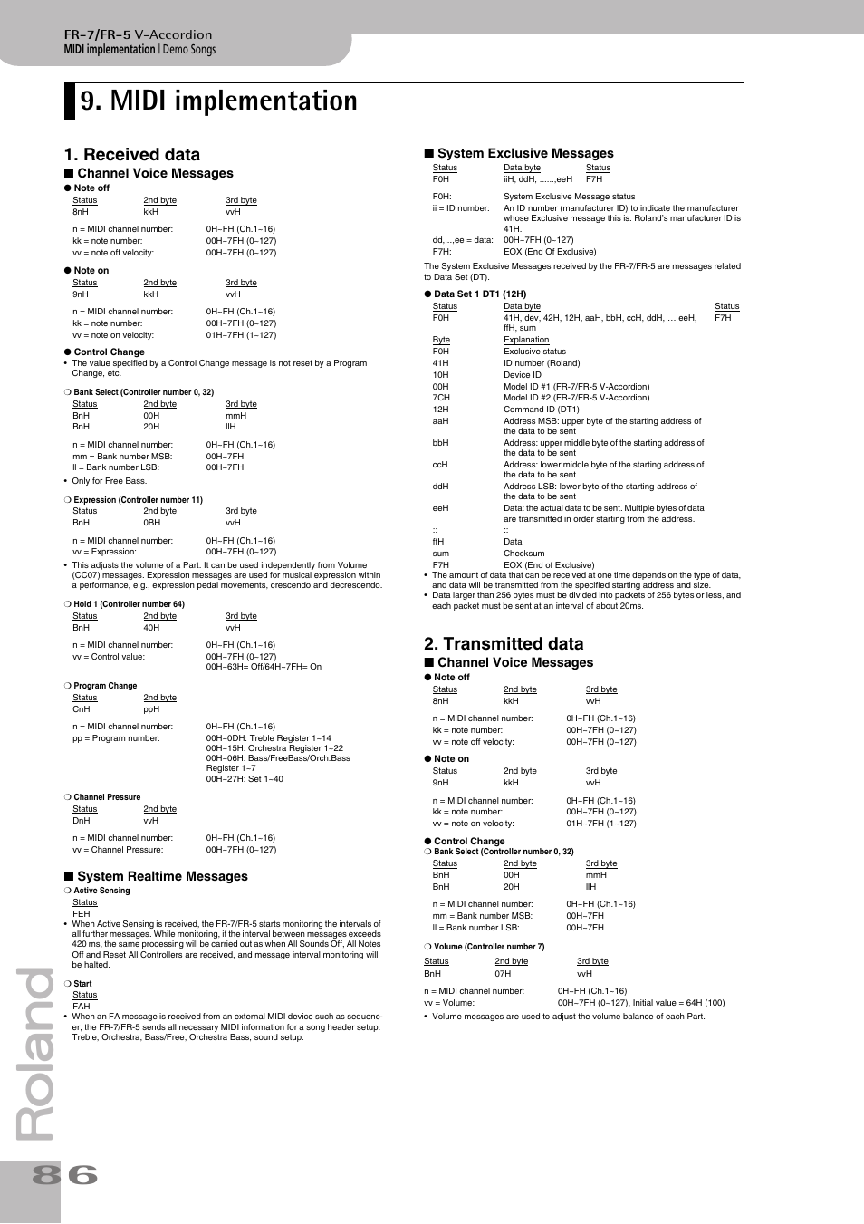 Midi implementation, Received data, Transmitted data | Midi implementation | demo songs, Fr-7/fr-5 v-accordion, Channel voice messages, System realtime messages, System exclusive messages | Roland FR-7/FR-5 User Manual | Page 86 / 94