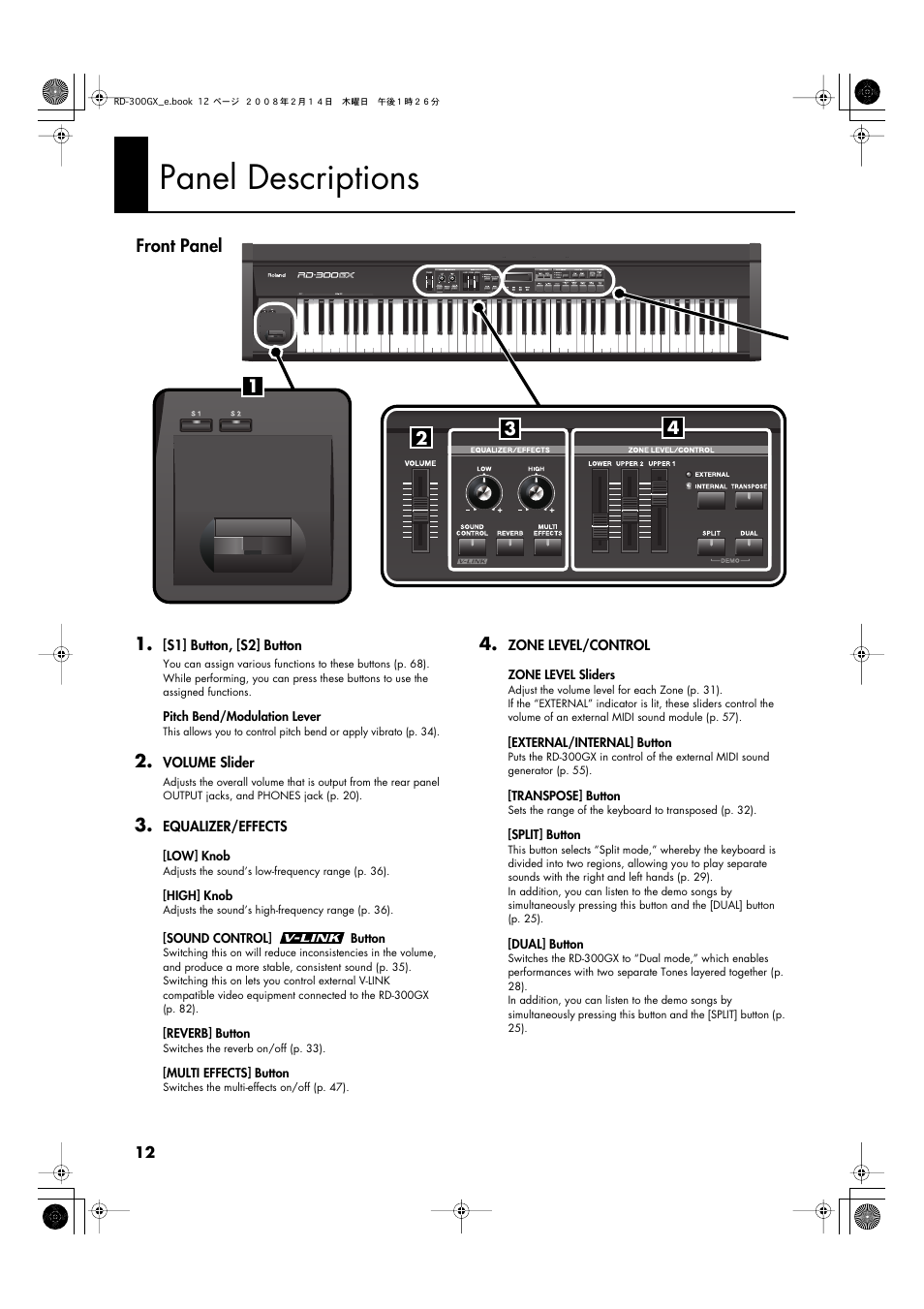 Panel descriptions, Front panel, 21 3 4 front panel | Roland RD-300GX User Manual | Page 12 / 108