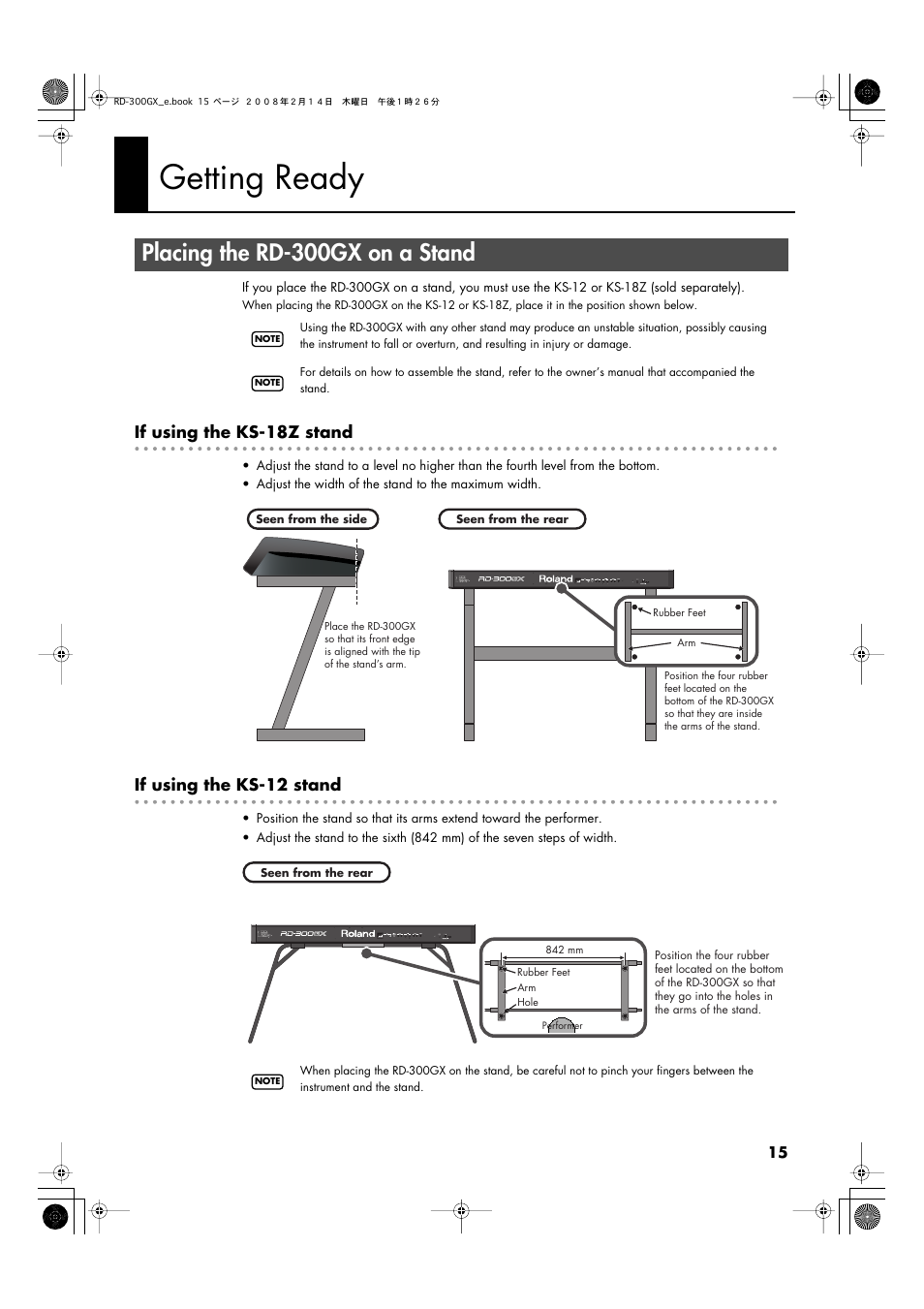 Getting ready, Placing the rd-300gx on a stand | Roland RD-300GX User Manual | Page 15 / 108