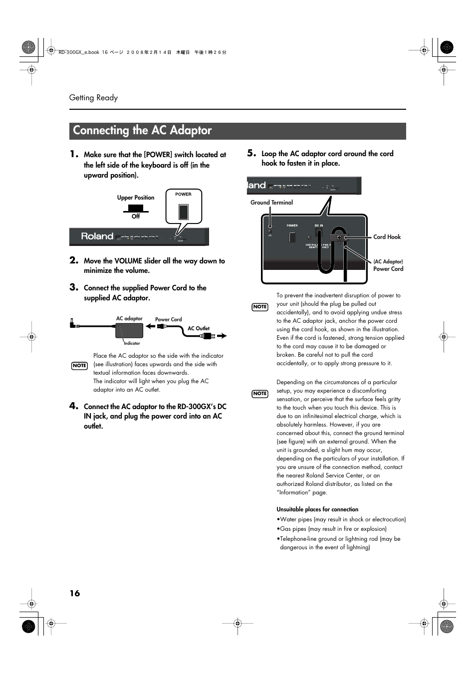 Connecting the ac adaptor, Ground terminal (p. 16), Connect the included ac adaptor here (p. 16) | Adaptor (p. 16) | Roland RD-300GX User Manual | Page 16 / 108