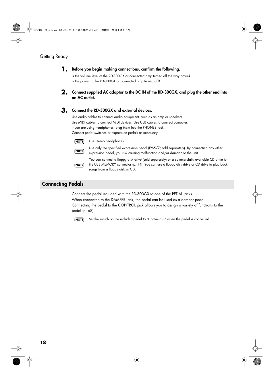 Connecting pedals, P. 18 | Roland RD-300GX User Manual | Page 18 / 108