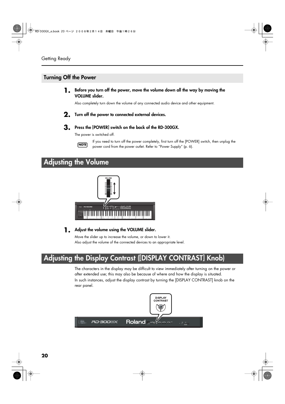 Turning off the power, Adjusting the volume, Output jacks, and phones jack (p. 20) | P. 20) | Roland RD-300GX User Manual | Page 20 / 108