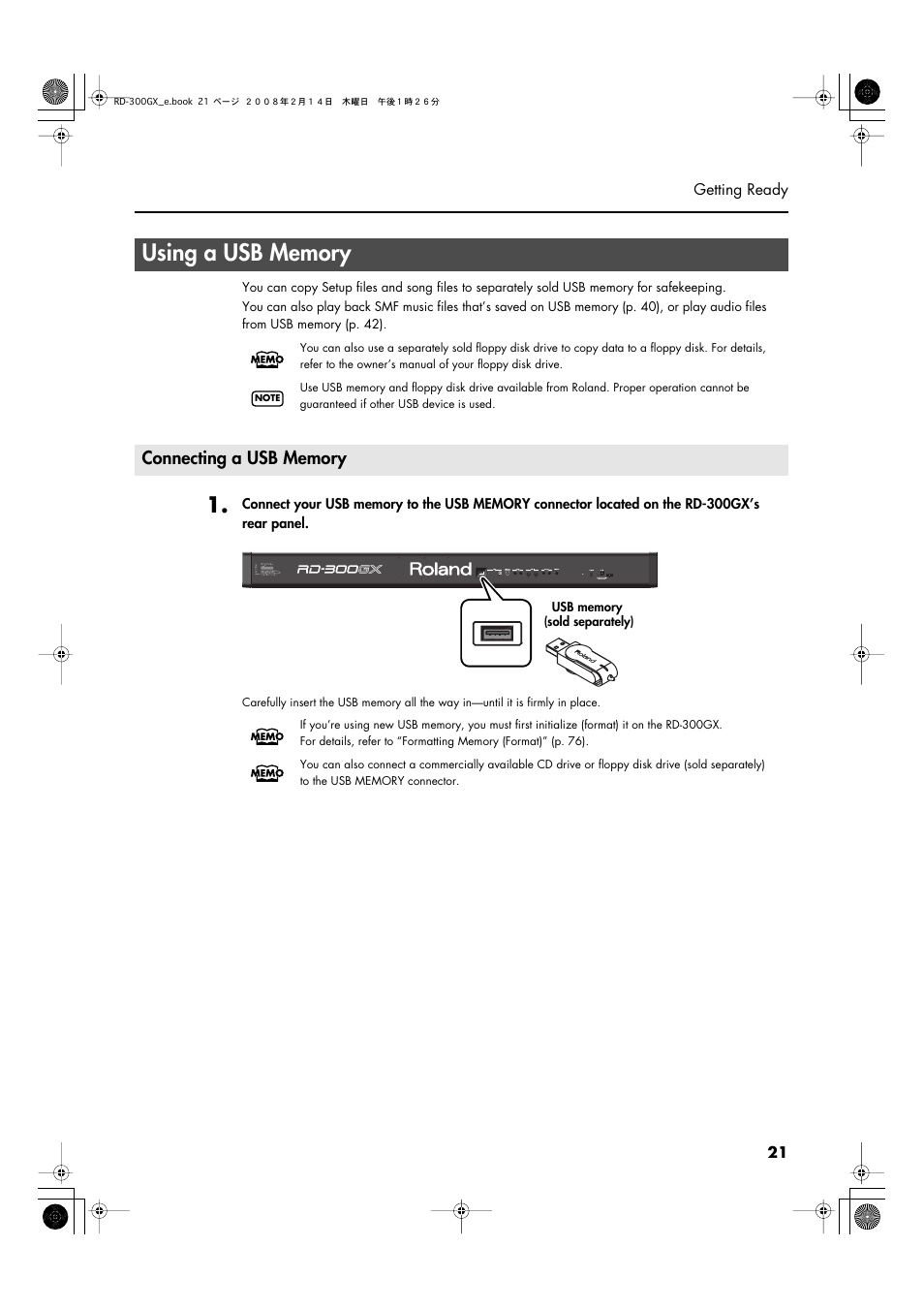 Using a usb memory, Connecting a usb memory, P. 21 | Roland RD-300GX User Manual | Page 21 / 108