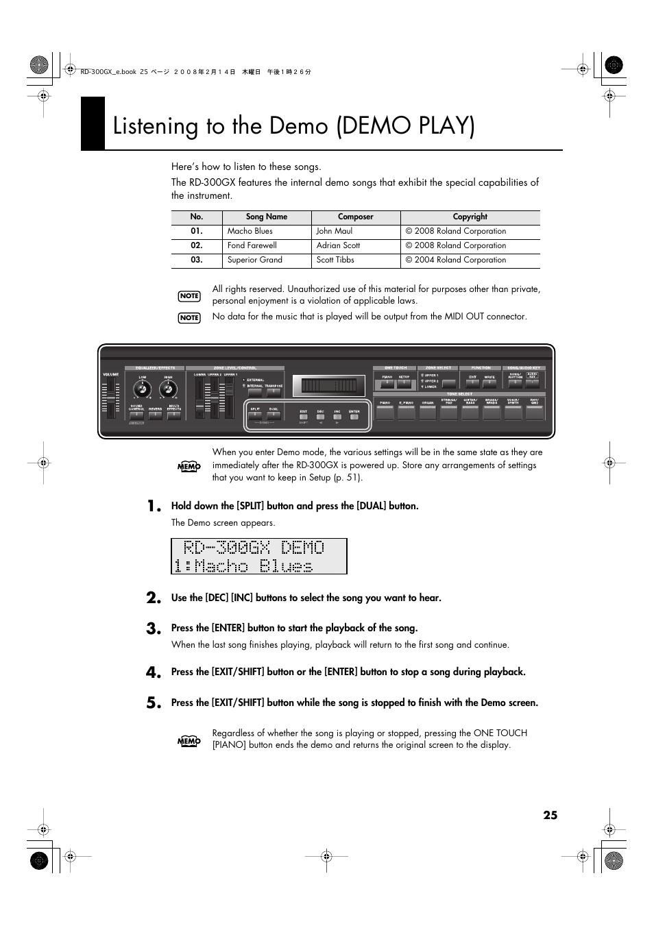Listening to the demo (demo play), P. 25) | Roland RD-300GX User Manual | Page 25 / 108