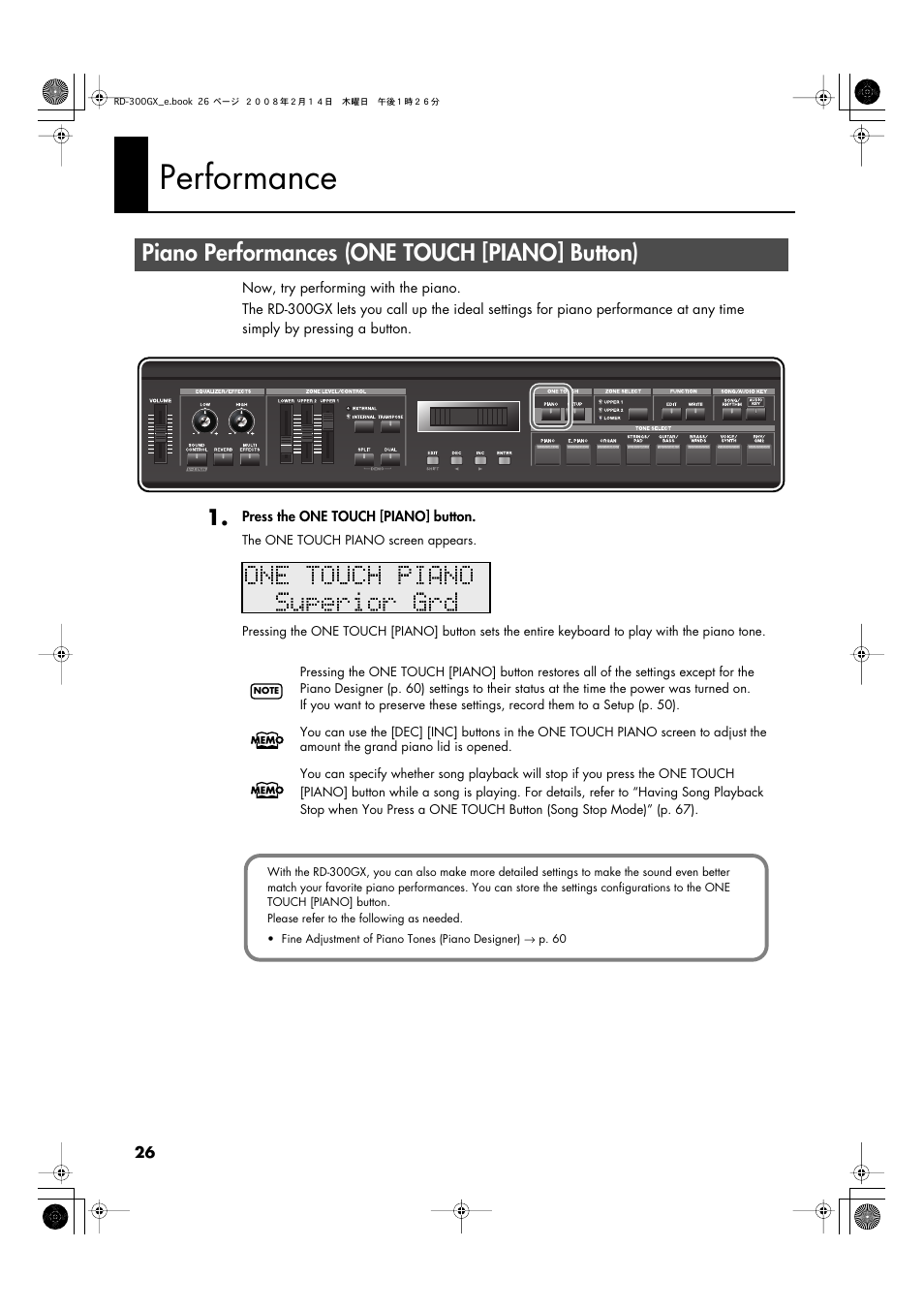 Performance, Piano performances (one touch [piano] button), P. 26 | Roland RD-300GX User Manual | Page 26 / 108