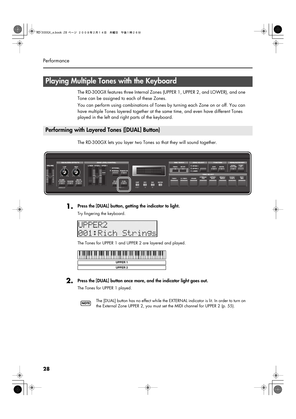 Playing multiple tones with the keyboard, Performing with layered tones ([dual] button), P. 28) | Roland RD-300GX User Manual | Page 28 / 108