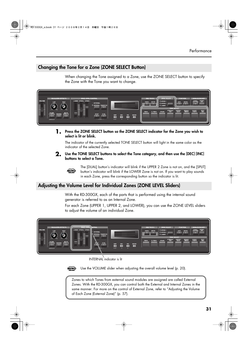 Changing the tone for a zone (zone select button), P. 31, P. 31) | Roland RD-300GX User Manual | Page 31 / 108