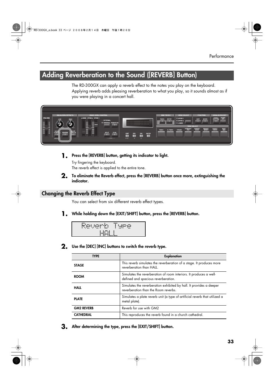 Changing the reverb effect type, Switches the reverb on/off (p. 33) | Roland RD-300GX User Manual | Page 33 / 108