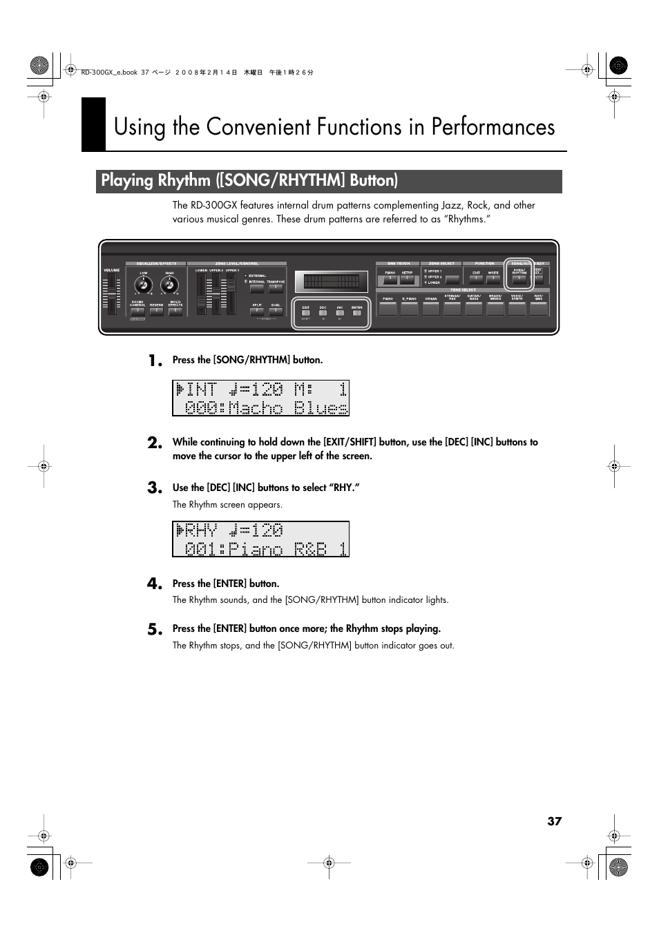 Using the convenient functions in performances, Playing rhythm ([song/rhythm] button), P. 37) | The tempo (p. 37) | Roland RD-300GX User Manual | Page 37 / 108