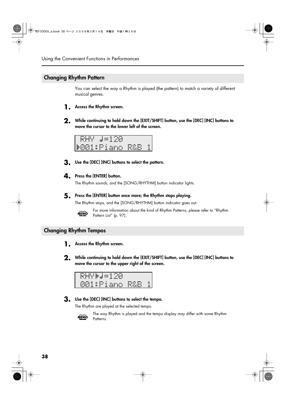 Changing rhythm pattern, Changing rhythm tempos | Roland RD-300GX User Manual | Page 38 / 108