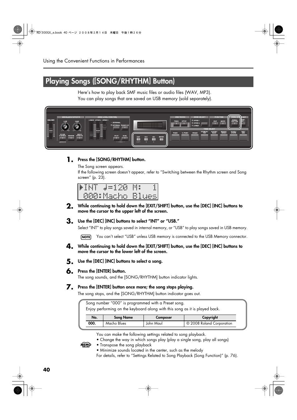Playing songs ([song/rhythm] button), P. 40 | Roland RD-300GX User Manual | Page 40 / 108