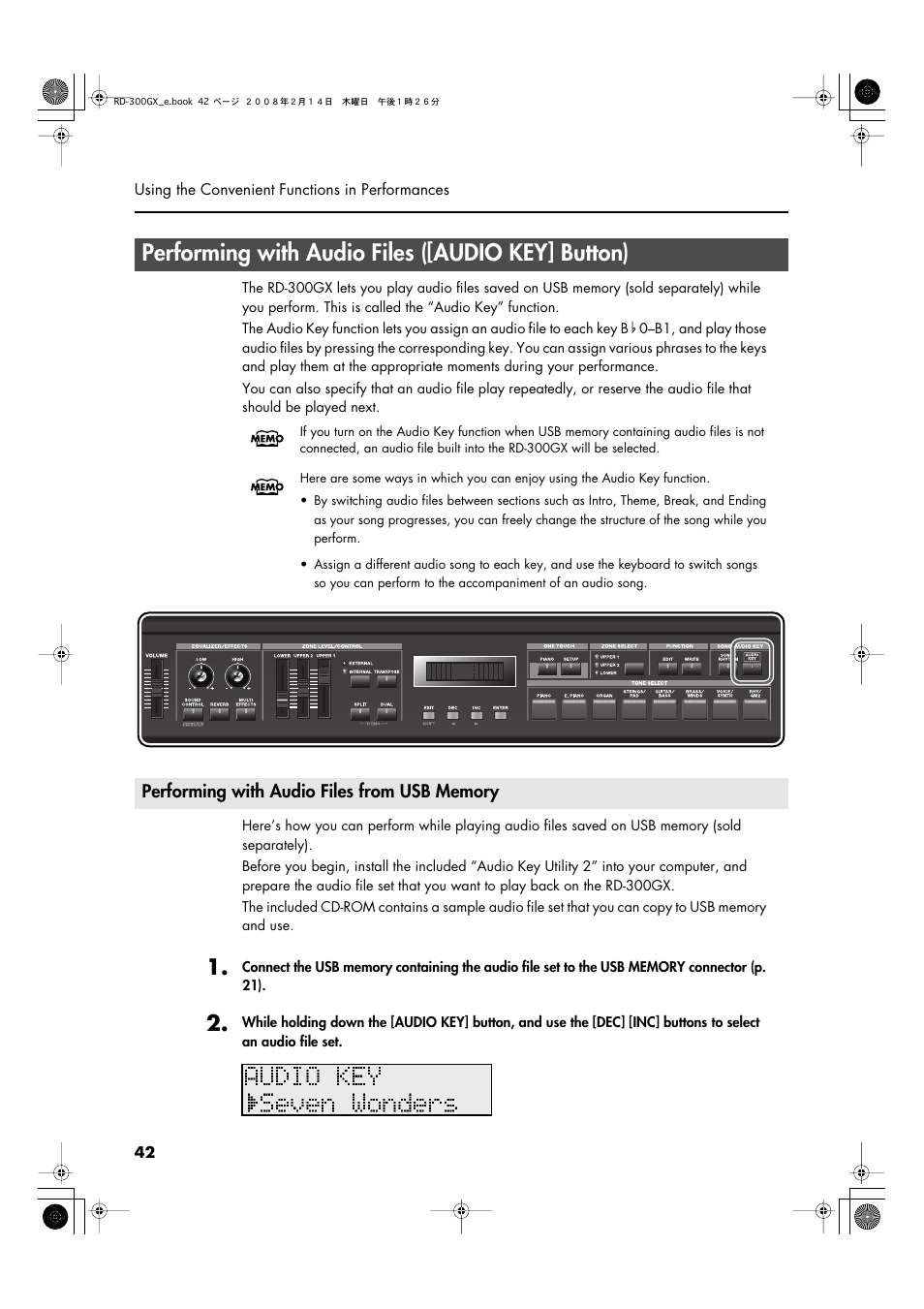 Performing with audio files ([audio key] button), Performing with audio files from usb memory, P. 42 | On usb memory (sold separately) (p. 42) | Roland RD-300GX User Manual | Page 42 / 108
