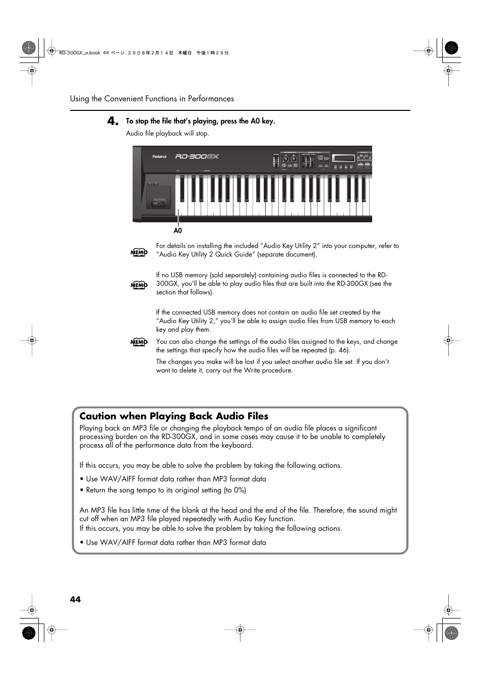 Caution when playing back audio files | Roland RD-300GX User Manual | Page 44 / 108