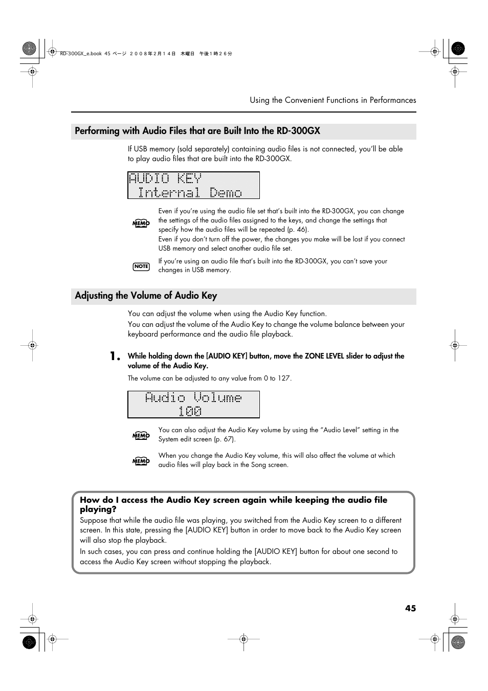 Adjusting the volume of audio key | Roland RD-300GX User Manual | Page 45 / 108