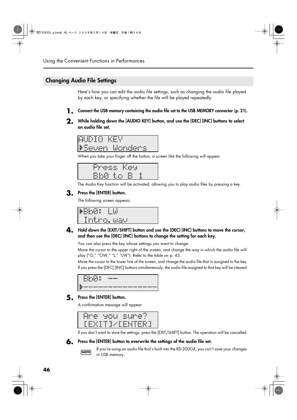 Changing audio file settings | Roland RD-300GX User Manual | Page 46 / 108