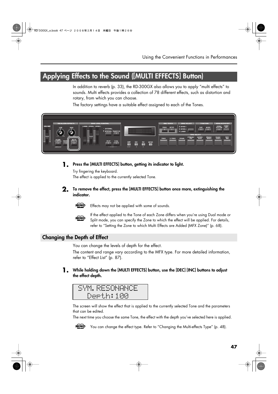Changing the depth of effect, P. 47) | Roland RD-300GX User Manual | Page 47 / 108