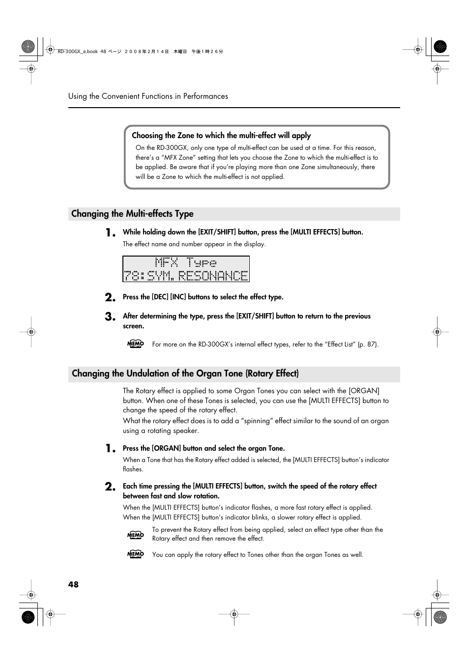 Changing the multi-effects type | Roland RD-300GX User Manual | Page 48 / 108