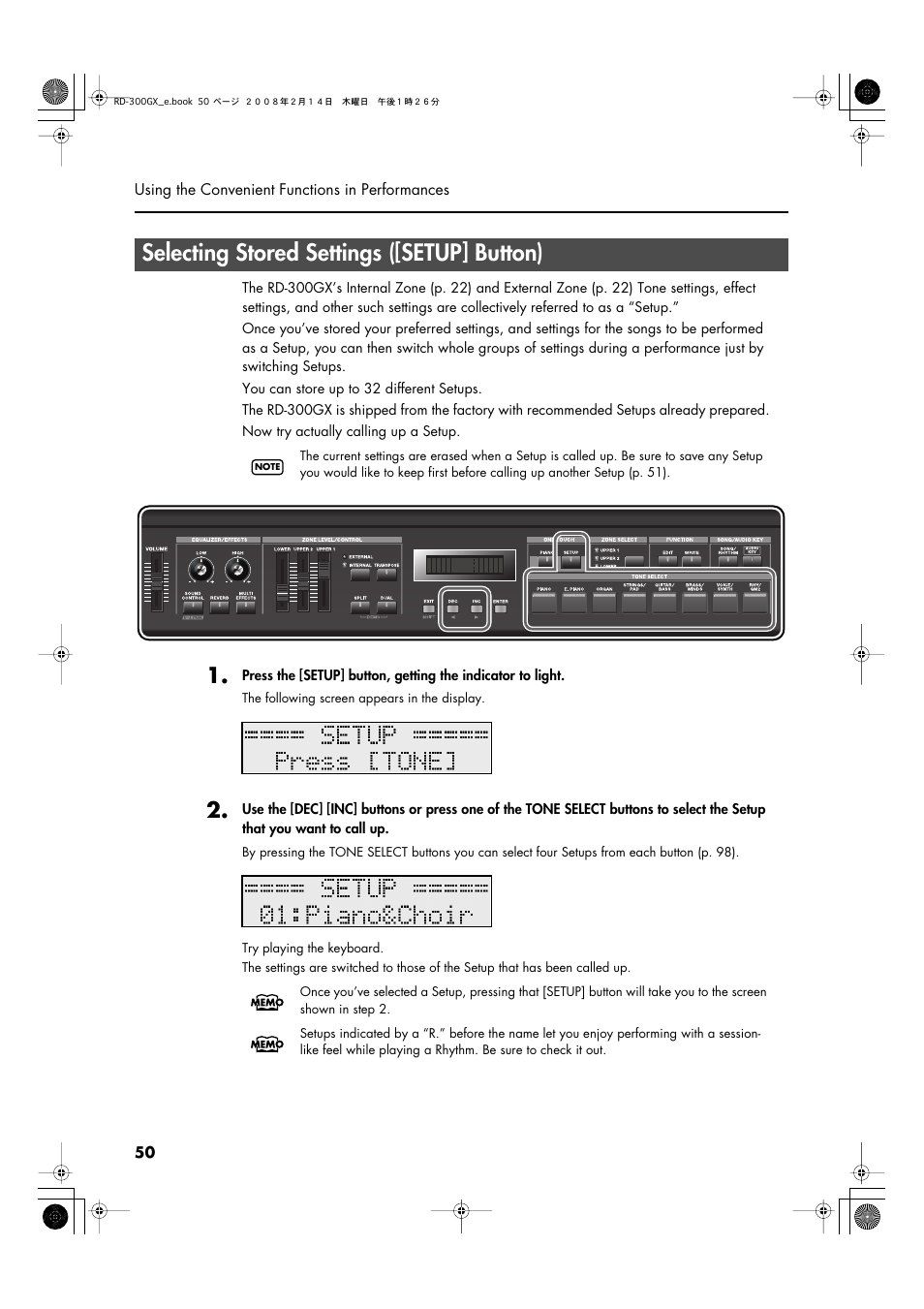 Selecting stored settings ([setup] button), Calls up the stored settings (setup) (p. 50), The currently selected setup is displayed (p. 50) | Roland RD-300GX User Manual | Page 50 / 108