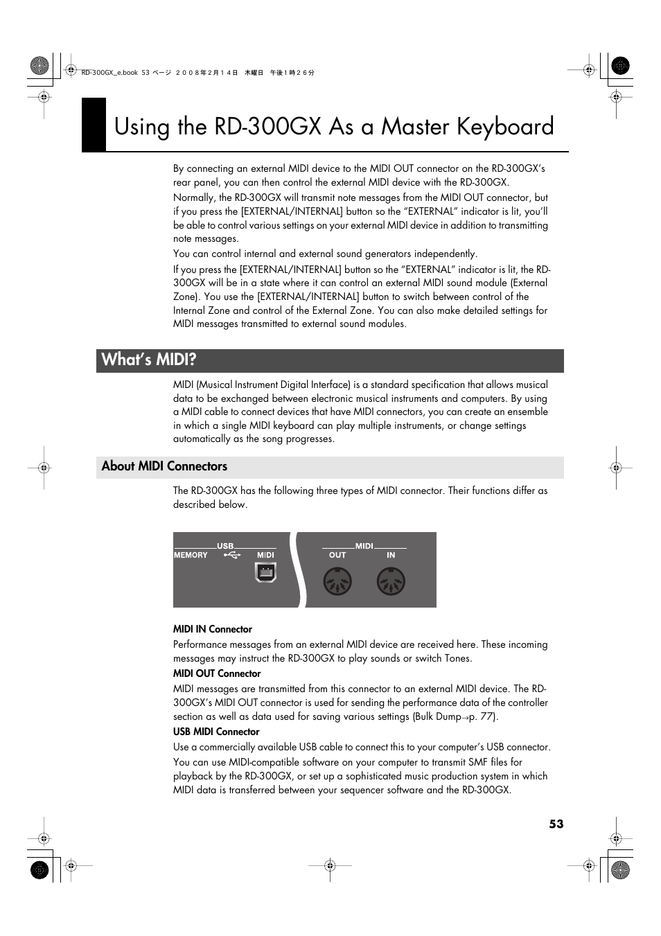 Using the rd-300gx as a master keyboard, What’s midi, About midi connectors | Transmission of midi messages (p. 53 | Roland RD-300GX User Manual | Page 53 / 108