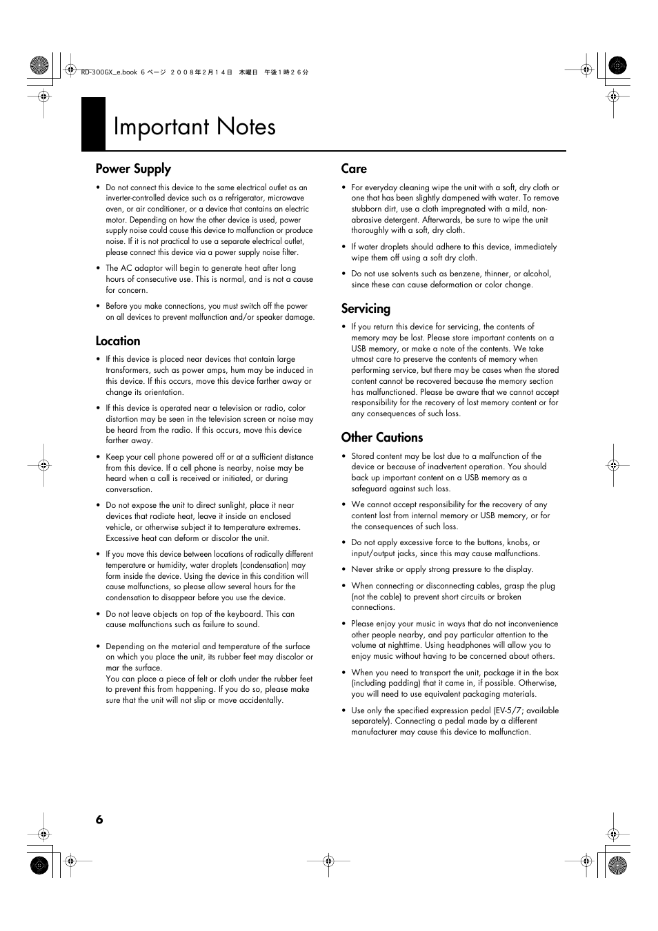 Important notes, Power supply, Location | Care, Servicing, Other cautions | Roland RD-300GX User Manual | Page 6 / 108