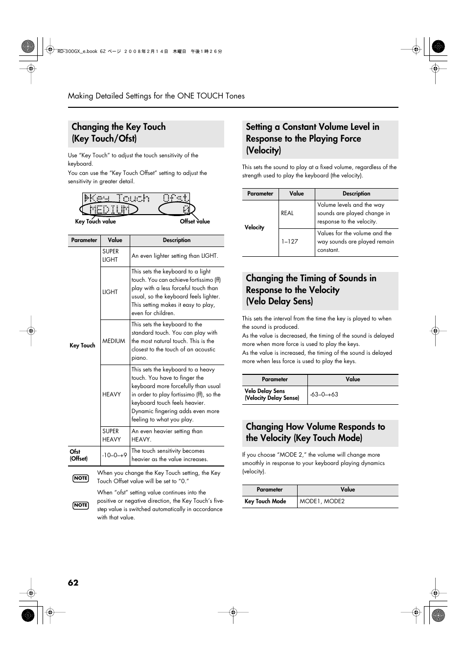 Changing the key touch (key touch/ofst) | Roland RD-300GX User Manual | Page 62 / 108