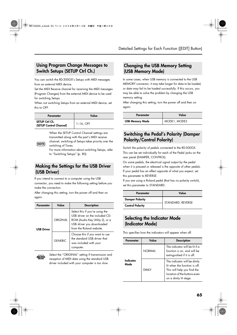 Changing the usb memory setting (usb memory mode), Selecting the indicator mode (indicator mode), P. 65 | Roland RD-300GX User Manual | Page 65 / 108