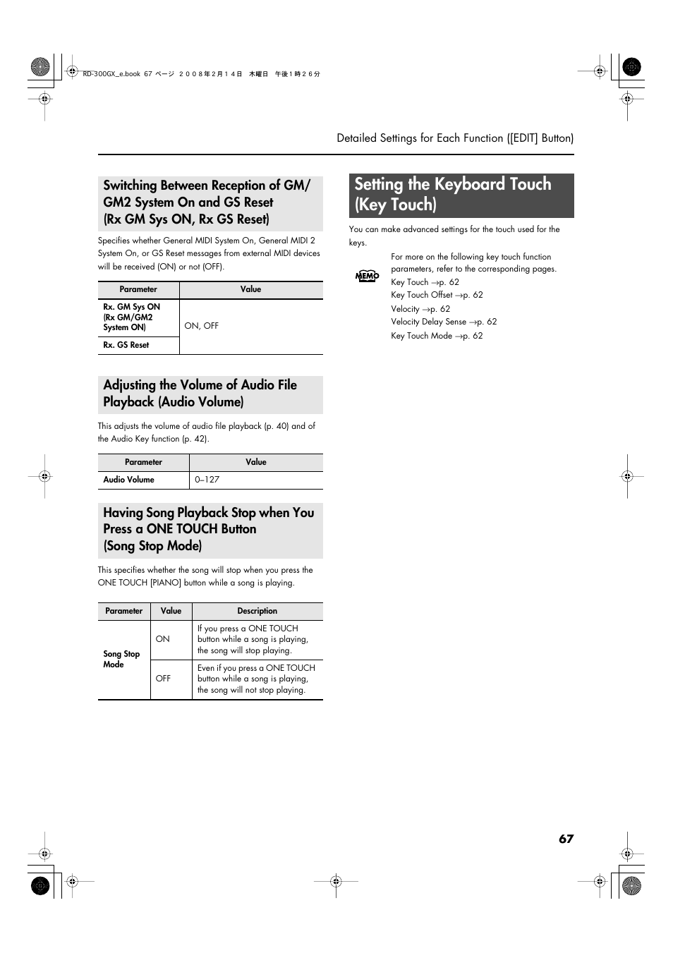Setting the keyboard touch (key touch), P. 67 | Roland RD-300GX User Manual | Page 67 / 108