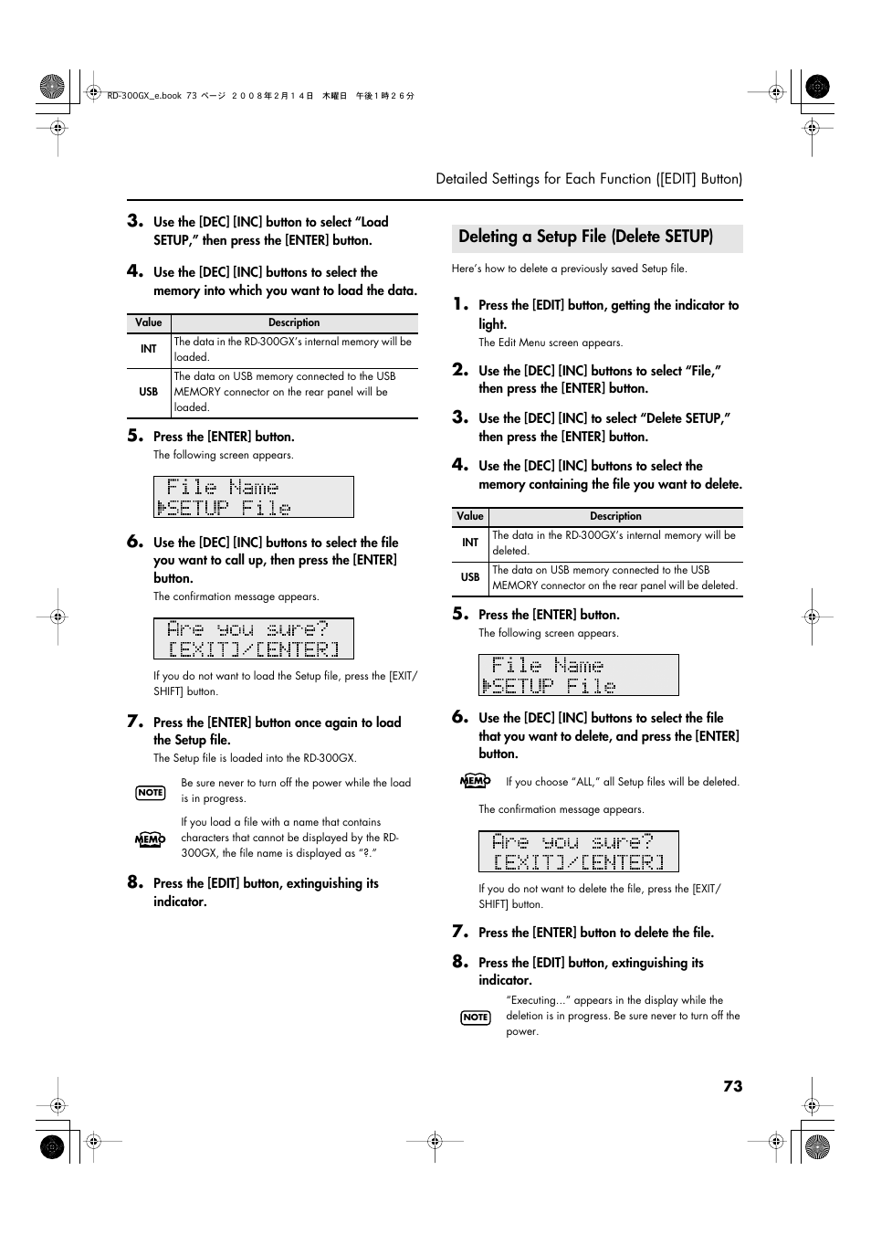 Deleting a setup file (delete setup), P. 73 | Roland RD-300GX User Manual | Page 73 / 108