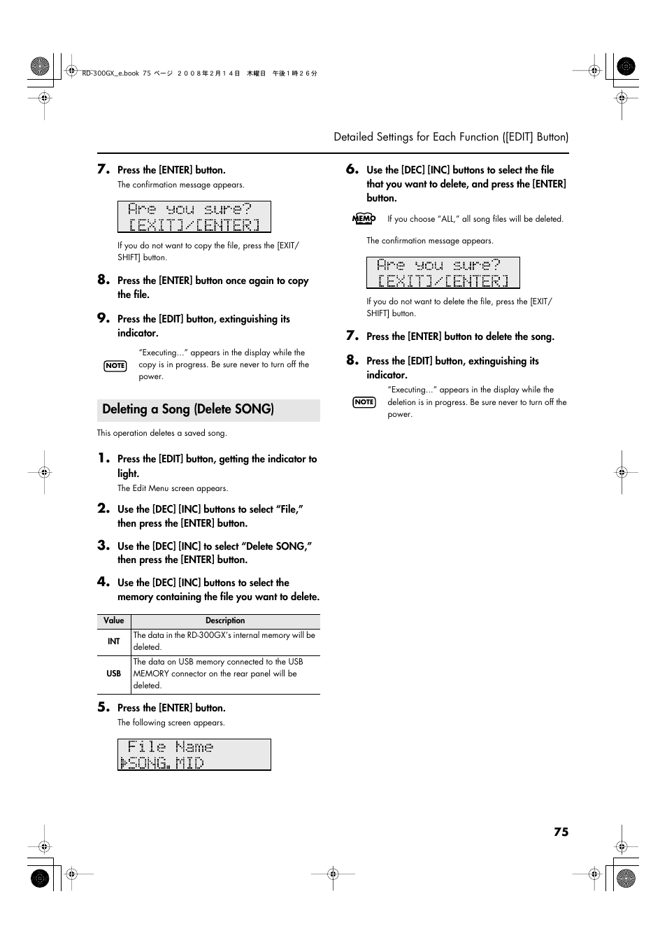 Deleting a song (delete song), P. 75 | Roland RD-300GX User Manual | Page 75 / 108