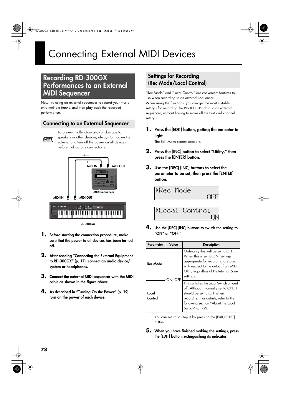 Connecting external midi devices, Connecting to an external sequencer, Settings for recording (rec mode/local control) | P. 78 | Roland RD-300GX User Manual | Page 78 / 108