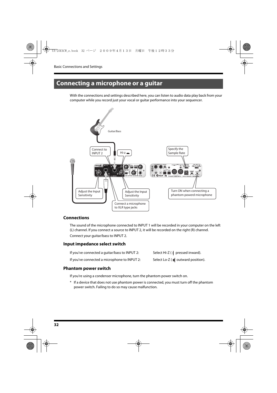 Connecting a microphone or a guitar, Connecting a microphone or a guitar” (p. 32) | Roland UA-25 EX User Manual | Page 32 / 64