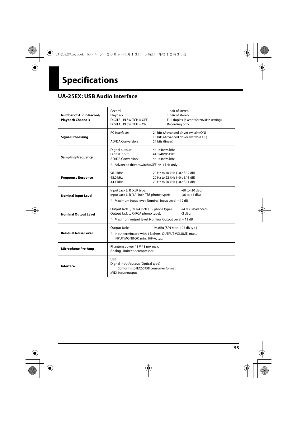 Specifications, Ua-25ex: usb audio interface | Roland UA-25 EX User Manual | Page 55 / 64