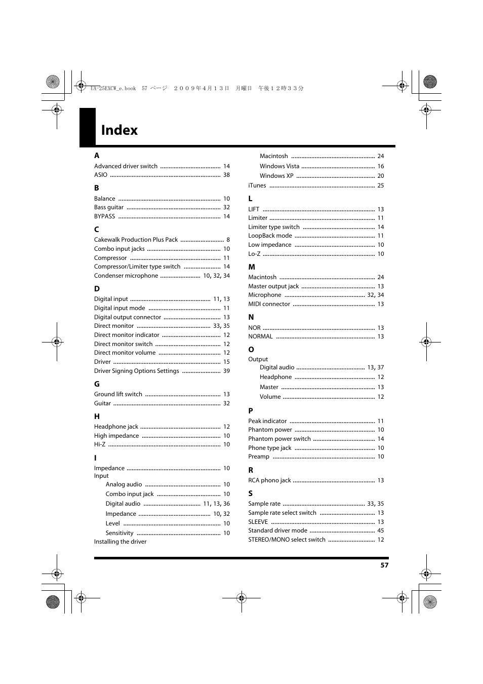 Index | Roland UA-25 EX User Manual | Page 57 / 64